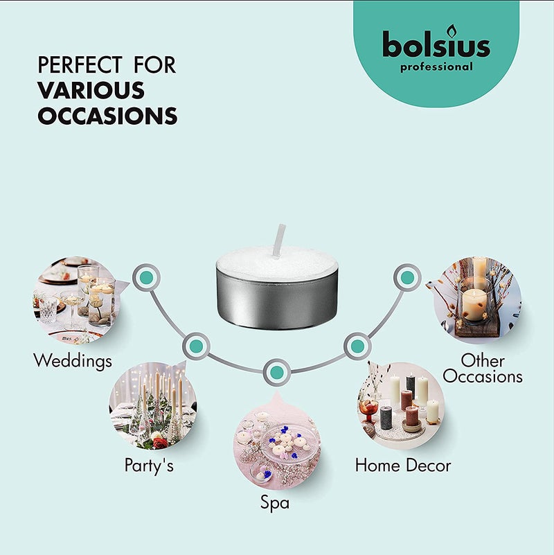 BOLSIUS Tea Lights Candles - Bulk Pack of White Unscented Candle Lights with 6 Hour Burning Time - Tea Candles for Wedding, Home, Parties, and Special Occasions (Pack of 100) - Image 4